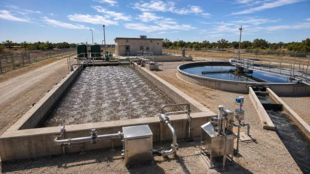 Top-down aerial view showing a Texas industrial facility with a process wastewater treatment system on the left and a municipal wastewater treatment plant with circular clarifiers on the right representing the two distinct TPDES permit categories with different standards monitoring requirements and compliance obligations that Modern Engineering Solutions evaluates for Texas developers and facility operators