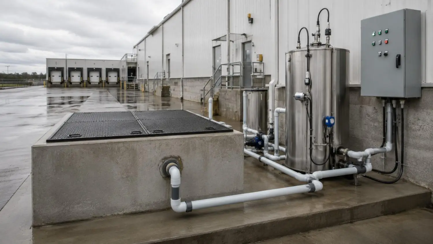 Industrial pretreatment equipment installation at a Texas food processing facility showing a large grease interceptor vault a pH adjustment tank with chemical feed equipment and a flow equalization basin representing the capital cost of pretreatment compliance before POTW connection