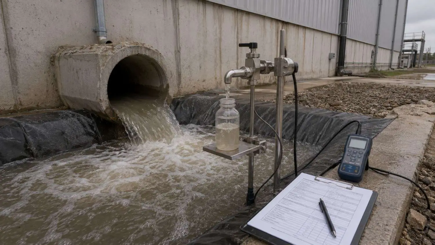Field technician collecting stormwater outfall samples at a Texas industrial facility during a qualifying discharge event for TXR050000 benchmark monitoring requirements assessed by Modern Engineering Solutions.