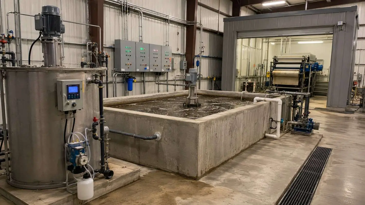 Ground-level shot of an industrial process wastewater pretreatment system at a Texas manufacturing facility showing pH adjustment tanks metals precipitation equipment filter press and monitoring instrumentation representing the treatment infrastructure required under an industrial TPDES permit that Modern Engineering Solutions designs for Texas industrial facilities