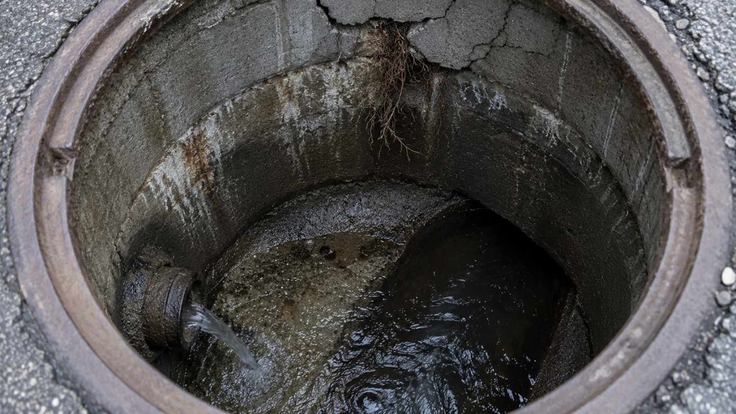 Cracked concrete sewer manhole in a small Texas community showing visible groundwater infiltration entering the collection system through deteriorated joint connections representing the inflow and infiltration problems that cause wet weather TPDES permit exceedances that Modern Engineering Solutions identifies through systematic I&I analysis