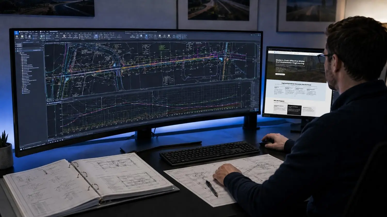 CAD operator working at a professional engineering workstation with a large curved ultrawide monitor displaying an AutoCAD civil site plan with water and sewer utility layouts, plan and profile sheets, and annotation layers representing dedicated production support that frees senior engineers for engineering judgment