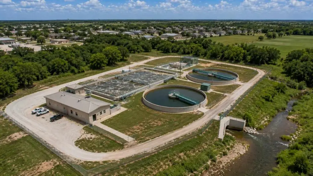 Top-down aerial view of a small Texas municipal wastewater treatment plant showing circular clarifiers aeration basins and effluent outfall discharging to a creek representing the TPDES-permitted facility that Modern Engineering Solutions supports through permit applications renewals and compliance planning for Texas cities and utility districts