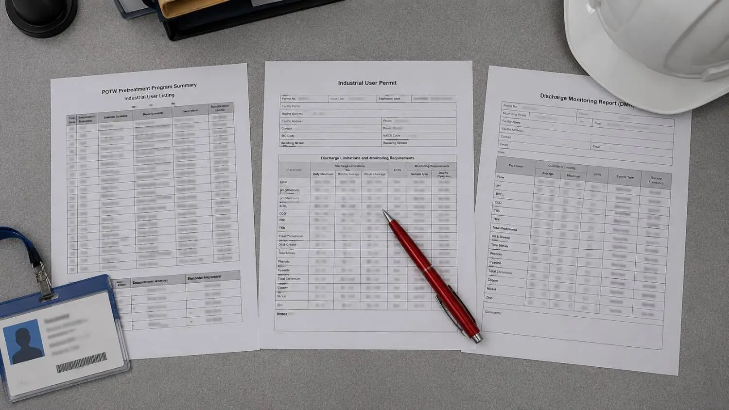 Municipal wastewater treatment plant operator reviewing industrial user permit compliance documents at a POTW showing the pretreatment program sampling records effluent limit table and industrial user discharge monitoring reports