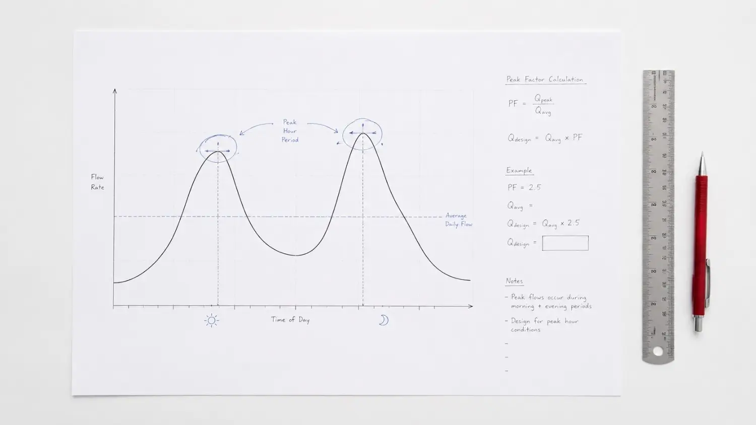 Infographic-style flat-lay showing a flow pattern diagram with morning and evening peak demand curves above the daily average line representing the peak factor analysis that converts average daily flow to design flow for TCEQ permit applications that Modern Engineering Solutions prepares for Texas package WWTP projects