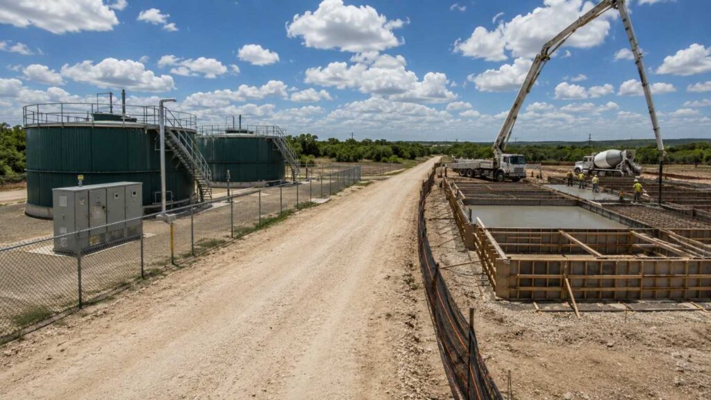 Ground-level wide shot of a Texas private wastewater treatment plant expansion under construction showing new concrete basin forms beside the existing operational treatment tanks representing the flow increase amendment that must be authorized by TCEQ before construction begins that Modern Engineering Solutions coordinates for Texas developers expanding private treatment works