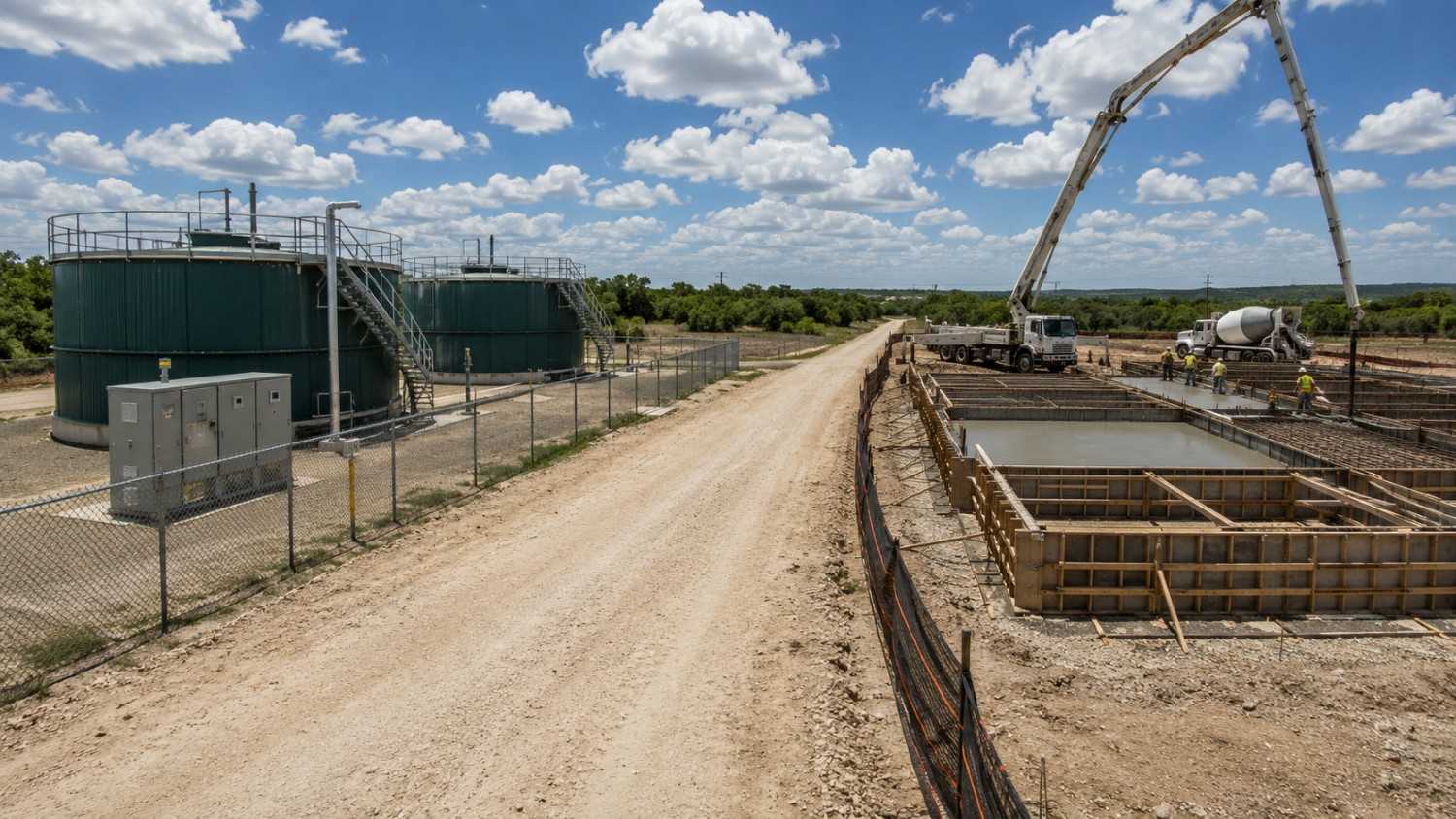 Ground-level wide shot of a Texas private wastewater treatment plant expansion under construction showing new concrete basin forms beside the existing operational treatment tanks representing the flow increase amendment that must be authorized by TCEQ before construction begins that Modern Engineering Solutions coordinates for Texas developers expanding private treatment works