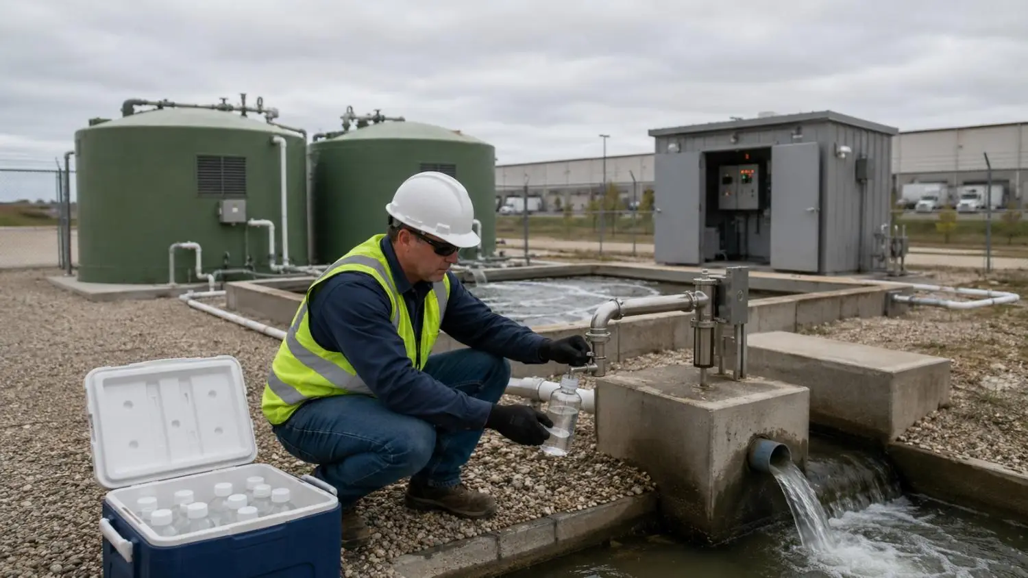 Operational private wastewater treatment plant in Texas showing an operator collecting monthly effluent samples at the discharge monitoring point with treatment tanks control building and effluent outfall visible representing the ongoing compliance obligations of a TPDES-permitted private utility that Modern Engineering Solutions supports through post-permit operations coordination