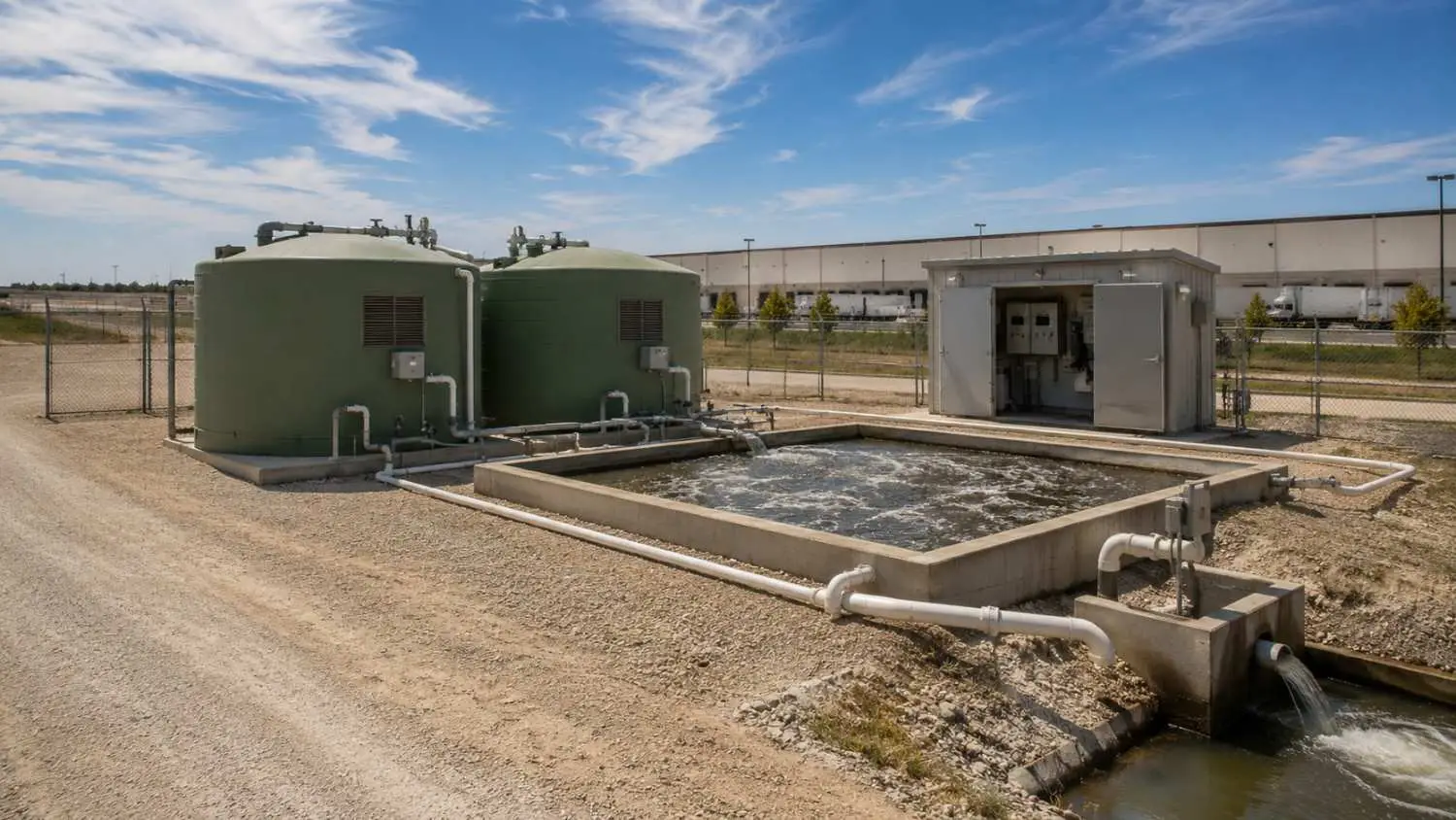 Compact private extended aeration wastewater treatment plant at a Texas food distribution facility showing the treatment system installed when POTW connection was not viable for high-strength process wastewater representing the private treatment alternative to POTW connection