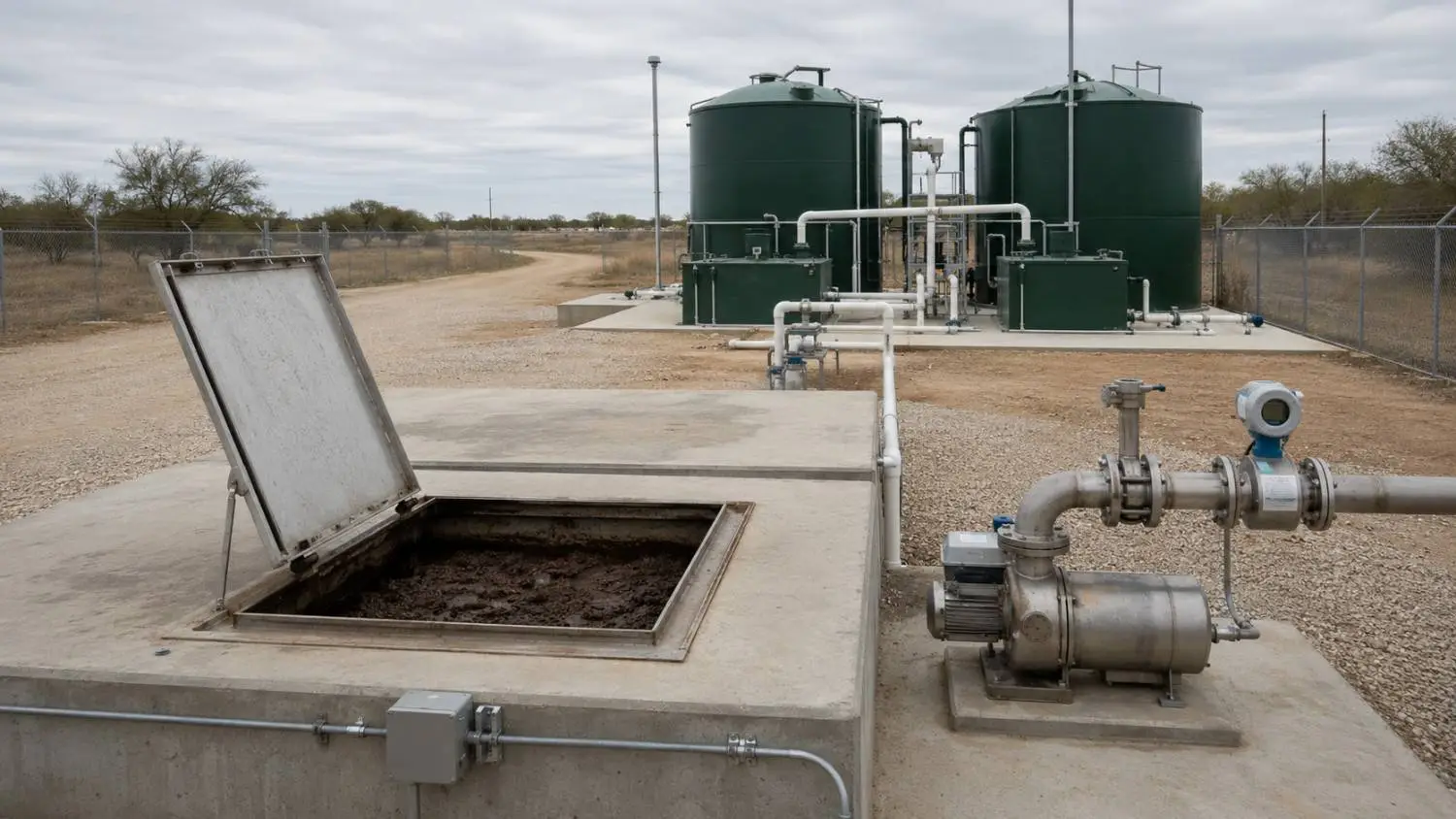 Close-up ground-level shot of a private Texas wastewater treatment plant sludge holding tank with waste activated sludge visible through an open access hatch showing the byproduct of the biological treatment process that requires a compliant Chapter 312 disposal pathway that Modern Engineering Solutions coordinates for private WWTP owners across Texas
