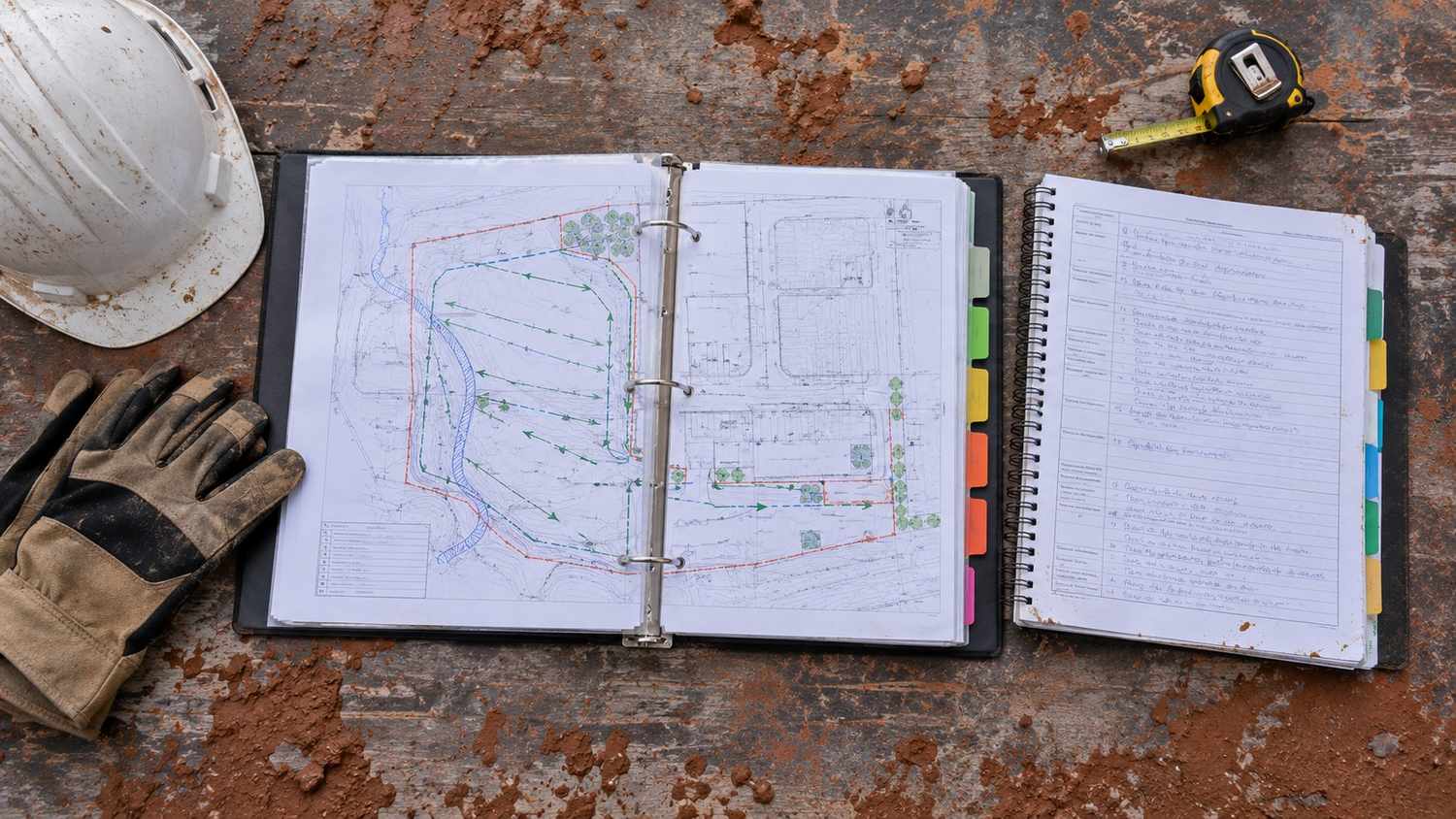 SWPPP binder open on a construction site showing site map with drainage patterns and BMP locations, inspection log entries, corrective action documentation, and erosion control specifications representing the active compliance document required by TXR150000