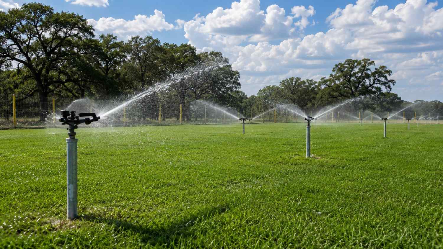 Ground-level wide shot of active spray irrigation distributing treated effluent across a flat Central Texas agricultural field through impact sprinkler heads mounted on risers showing the application pattern and surrounding setback boundary fence