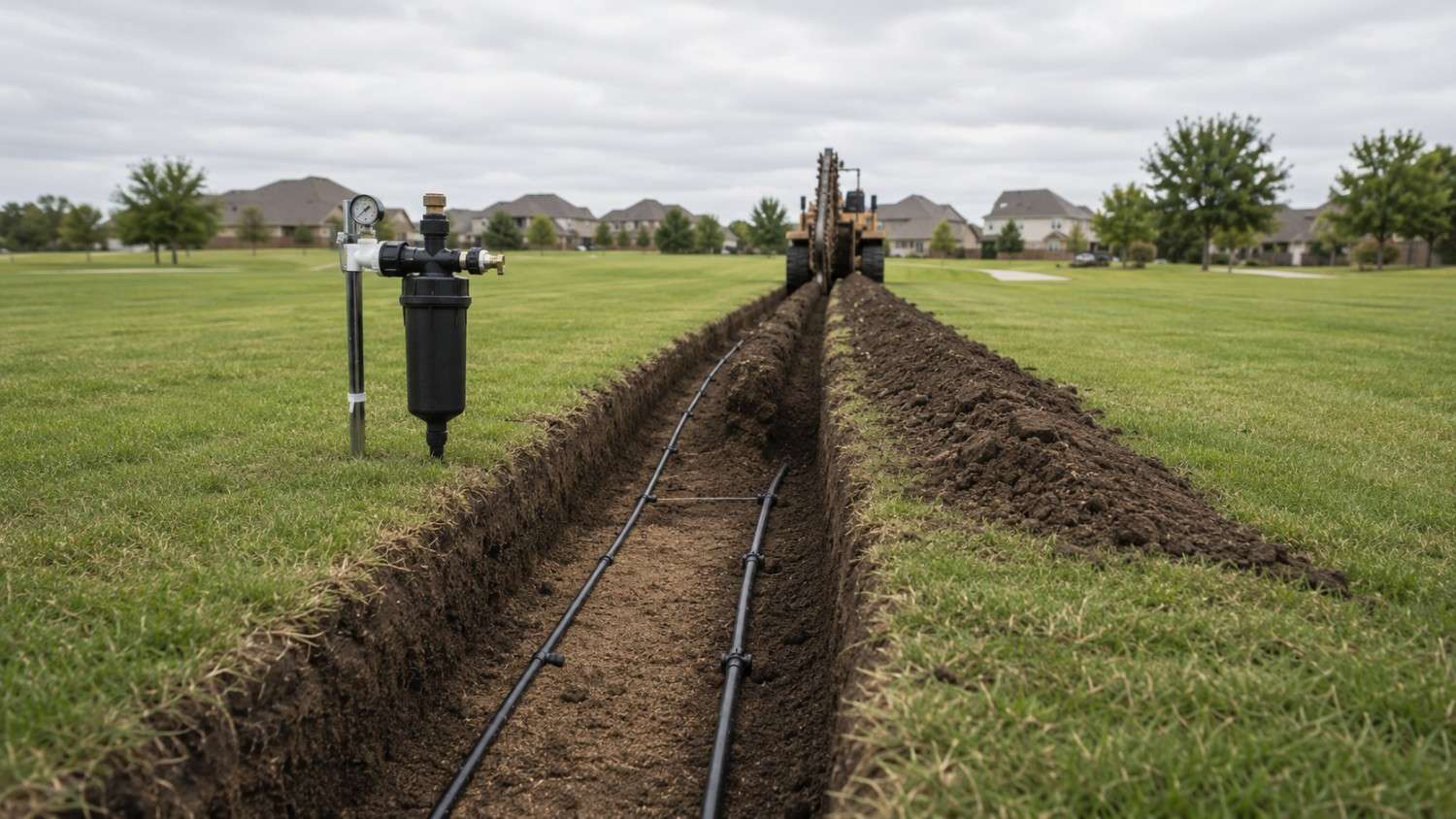 Subsurface drip irrigation emitter tubing being installed below the soil surface in a residential common area showing the tubing layout pattern filter equipment and pressure management system before soil backfill representing the TLAP subsurface drip method for unrestricted public access areas