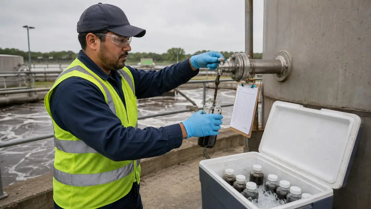 Laboratory technician collecting sludge quality samples from a Texas wastewater treatment plant digester for pathogen testing and metals concentration analysis required under 30 TAC Chapter 312 biosolids permit compliance