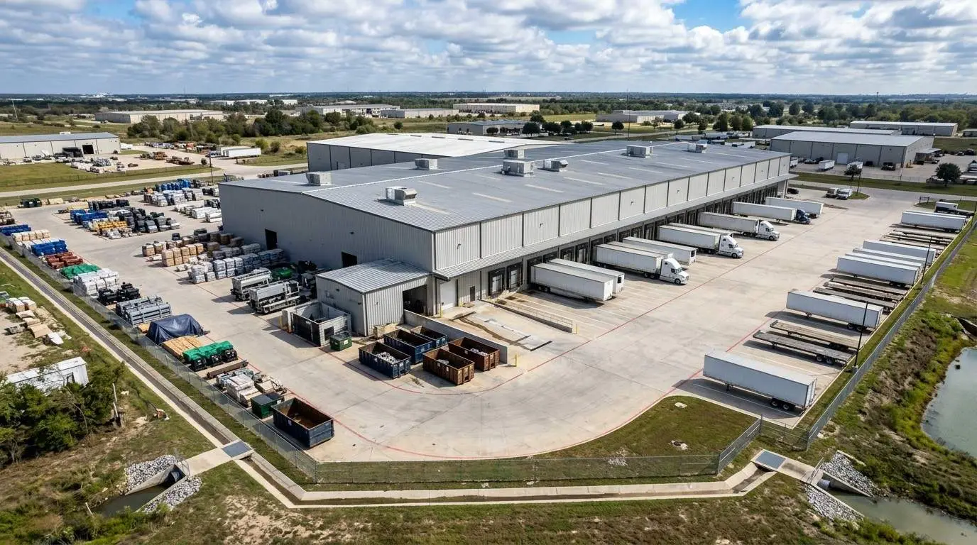Aerial view of a Texas industrial facility showing outdoor storage yards loading docks and stormwater outfall points evaluated by Modern Engineering Solutions for TXR050000 permit coverage.