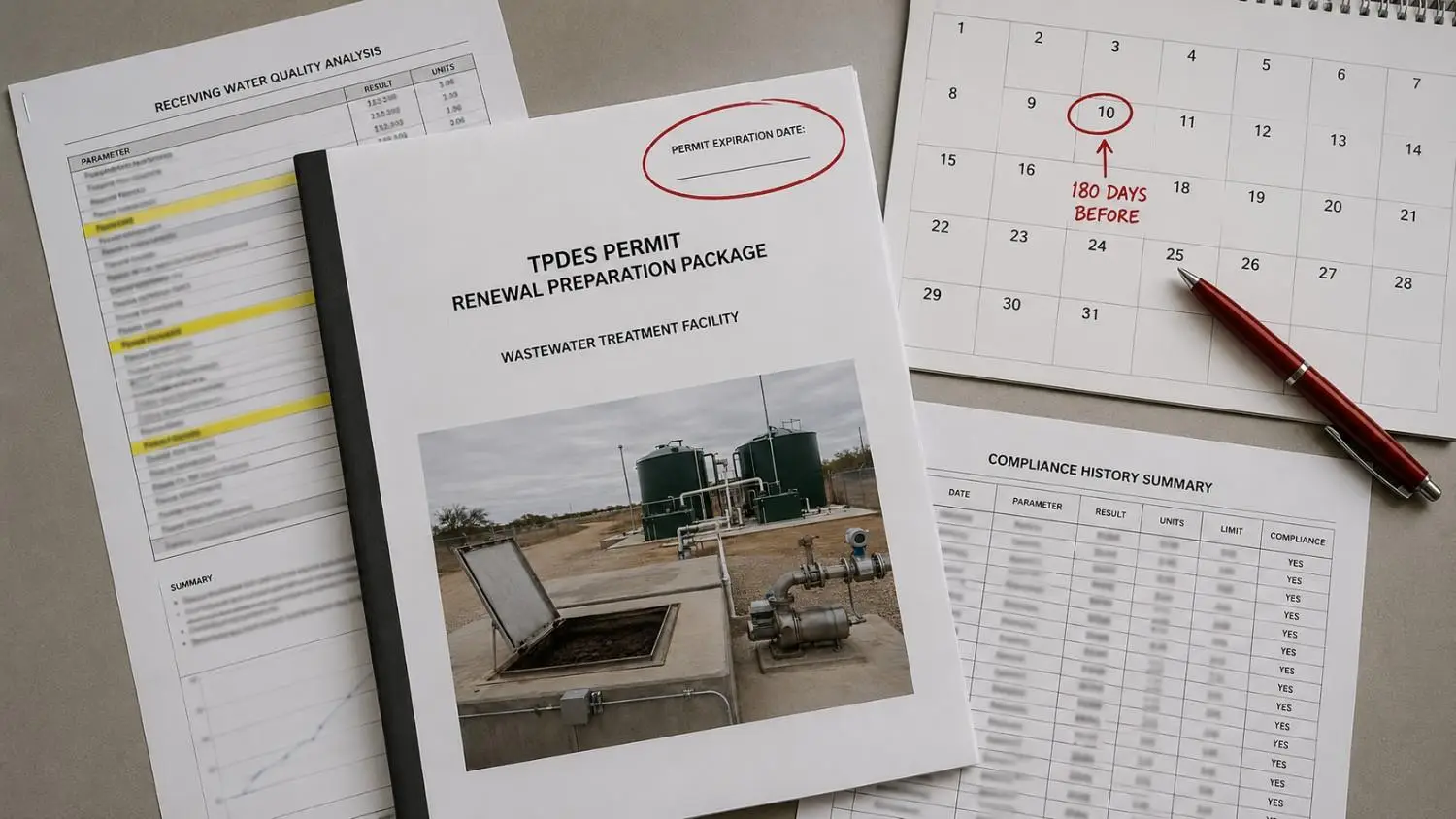 Close-up flat-lay of a TPDES permit renewal application package showing the permit expiration date circled on a cover page beside a 180-day submission deadline calendar and a receiving water quality analysis document representing the renewal timeline discipline that Modern Engineering Solutions builds into compliance planning for Texas wastewater facilities