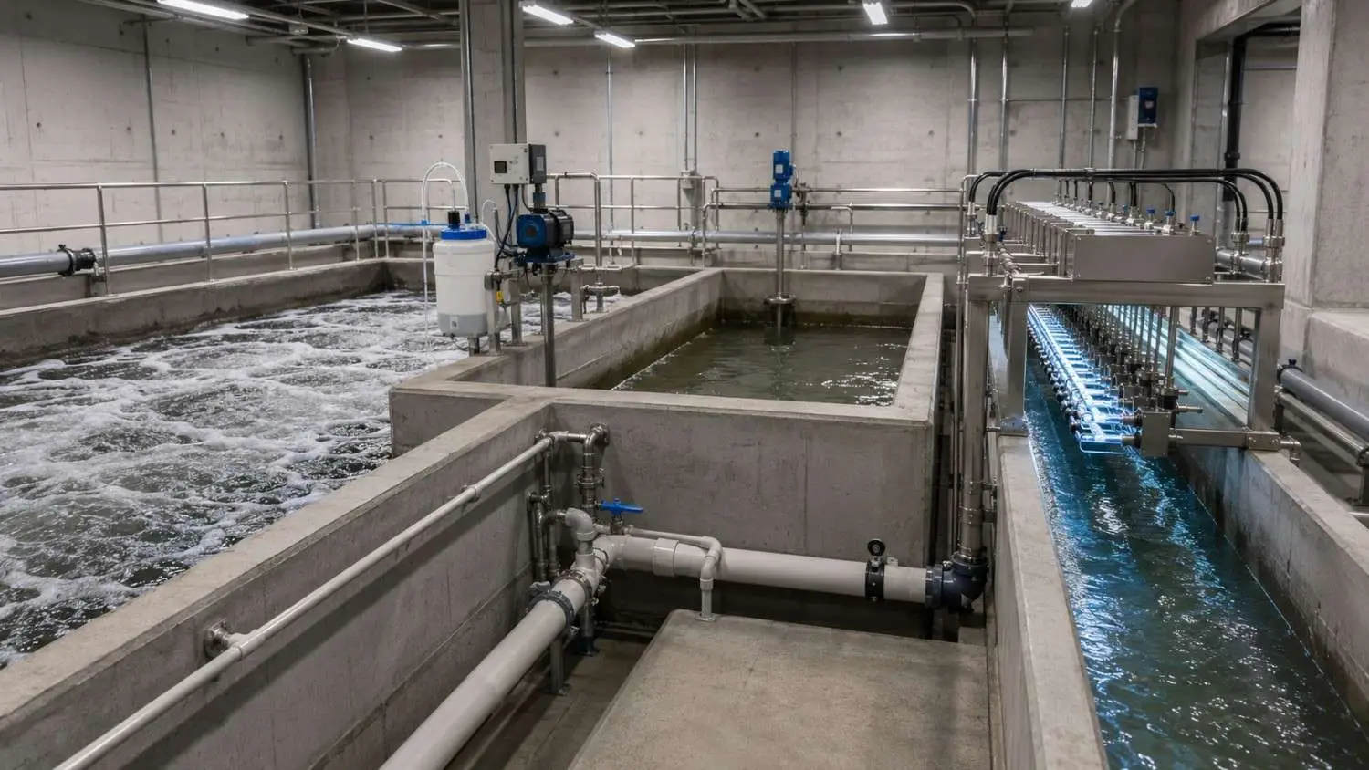 Ground-level shot of an advanced wastewater treatment plant in Texas showing a nitrification basin with fine bubble aeration a chemical phosphorus precipitation feed system and UV disinfection equipment representing the treatment process requirements driven by stringent TCEQ effluent limits on sensitive receiving waters that Modern Engineering Solutions designs and permits for Texas facilities