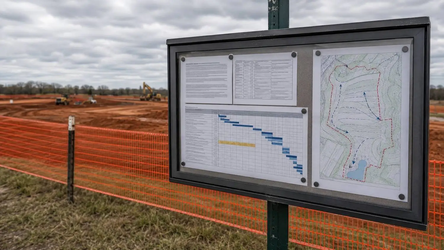 Construction site entrance gate showing a posted TXR150000 permit coverage notice and NOI acknowledgment with a construction schedule timeline on a site bulletin board illustrating the seven-day waiting period requirement before land disturbance can begin