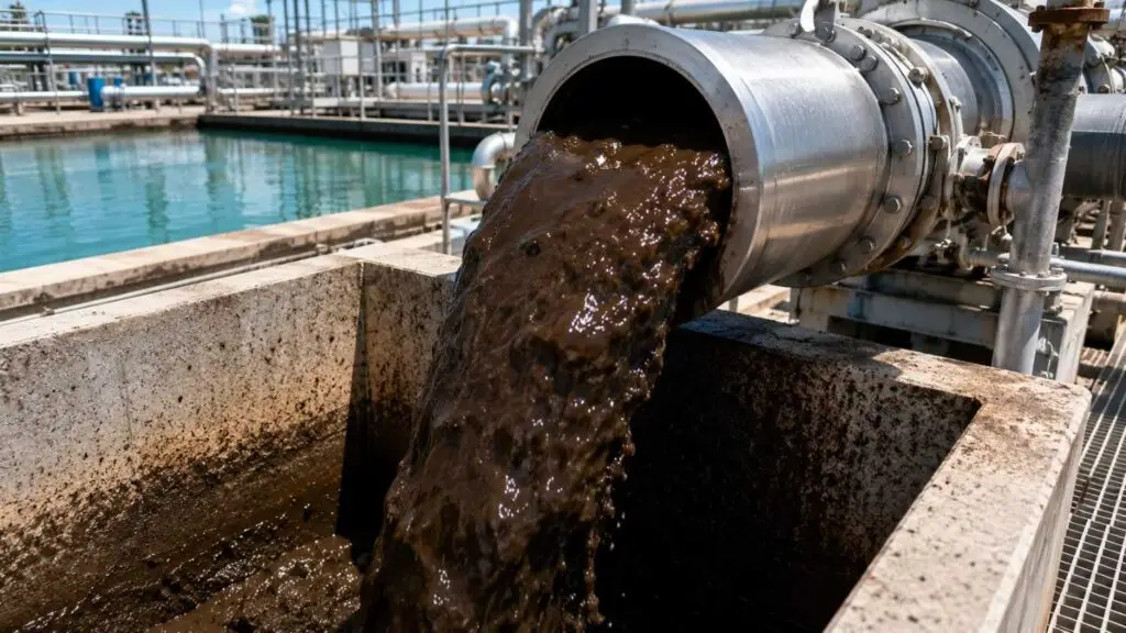 Close-up shot of thick brown digested sewage sludge flowing from a large discharge pipe at a Texas wastewater treatment facility into a holding basin showing the material characteristics of Class B biosolids before land application