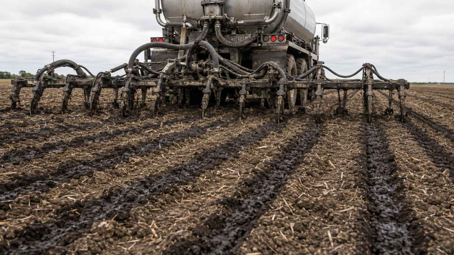 Close-up ground-level shot of biosolids sludge being injected directly into agricultural soil through tanker truck application shanks showing dark treated sludge material being deposited into fresh parallel furrows in a Texas field