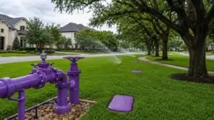Active Chapter 210 reclaimed water irrigation system at a Texas master-planned community showing purple painted distribution pipes and valve assembly in the foreground with rotor sprinkler heads irrigating lush green common area lawn and residential homes visible in the background