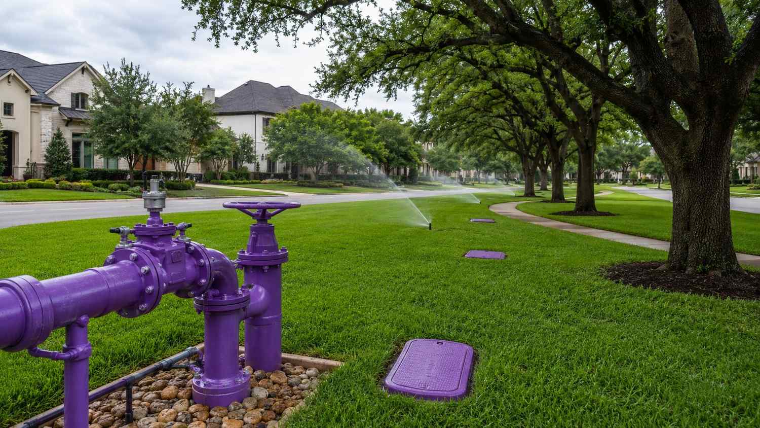 Active Chapter 210 reclaimed water irrigation system at a Texas master-planned community showing purple painted distribution pipes and valve assembly in the foreground with rotor sprinkler heads irrigating lush green common area lawn and residential homes visible in the background
