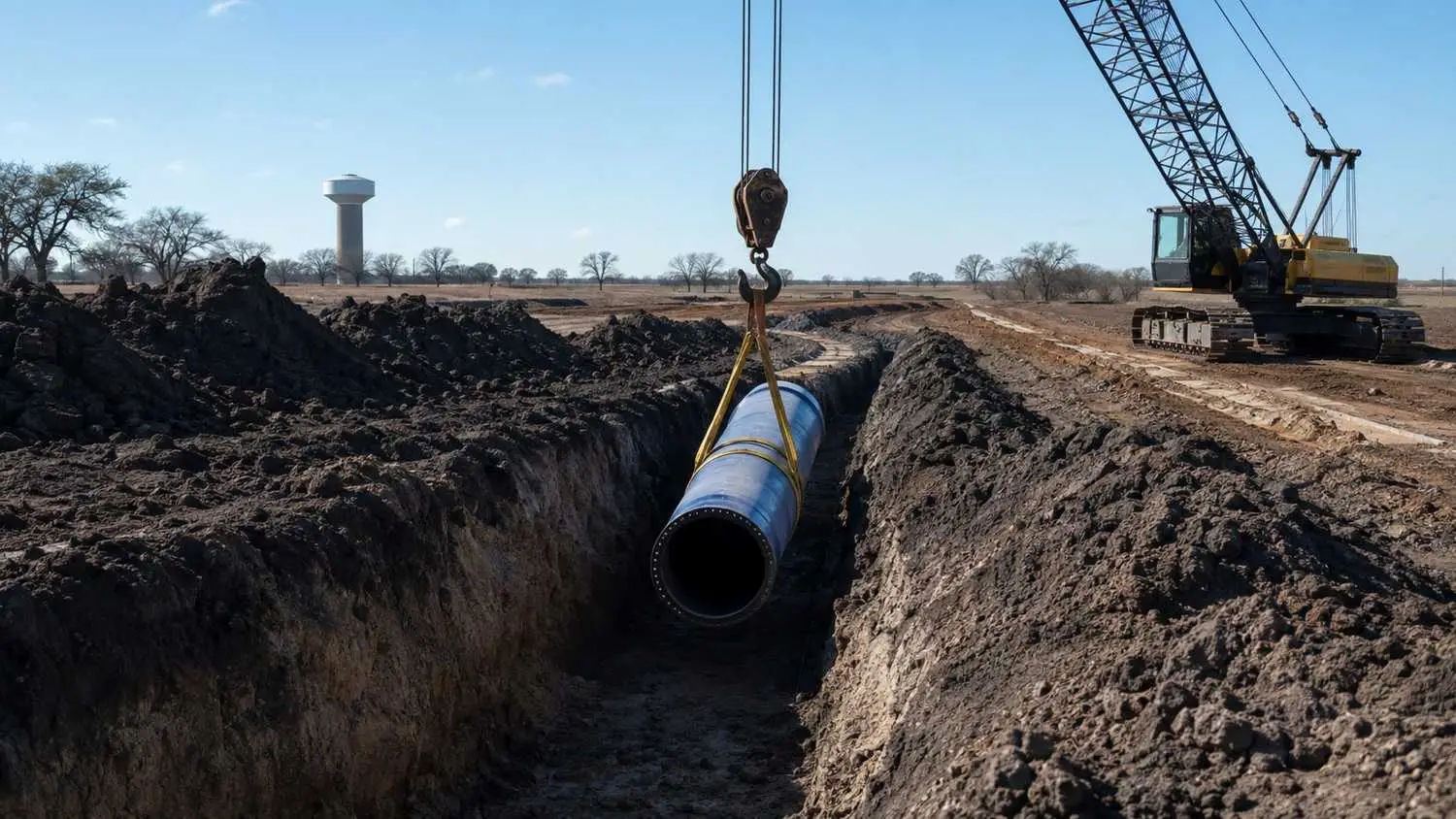 Large water transmission main installation in Dallas Fort Worth region, illustrating MES utility coordination.