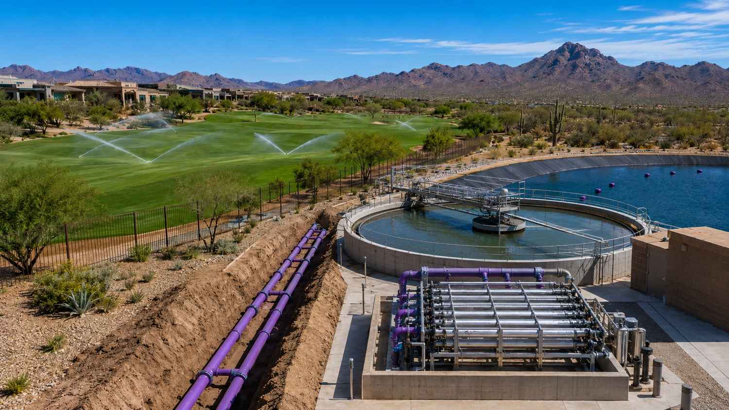 Arizona master-planned community purple pipe reclaimed water irrigation system serving landscape and common areas designed by Modern Engineering Solutions.