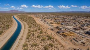 Aerial view of Arizona desert development beside a Central Arizona Project canal showing water scarcity constraints evaluated by MES.