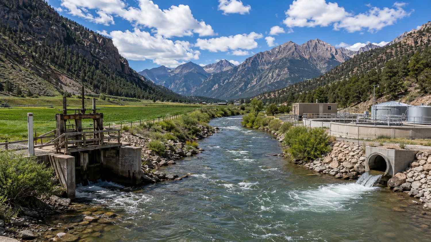 Colorado river diversion headgate and downstream wastewater outfall showing prior appropriation return flow dependency evaluated by MES.