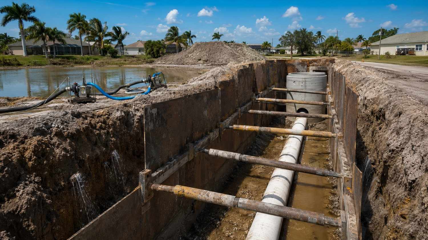 Deep gravity sewer trench excavation in Florida showing high groundwater table requiring dewatering before lift station installation evaluated by Modern Engineering Solutions.