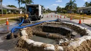Florida wastewater lift station with force main break and emergency response equipment representing aging infrastructure failure evaluated by MES.
