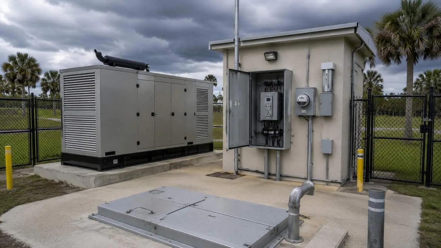 Florida lift station with on-site standby diesel generator and automatic transfer switch providing hurricane emergency power designed by Modern Engineering Solutions.
