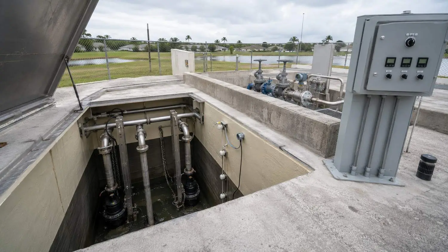 Florida lift station interior showing duplex pump configuration wet well and automatic alternation control panel meeting FDEP Chapter 62-604 requirements designed by Modern Engineering Solutions.