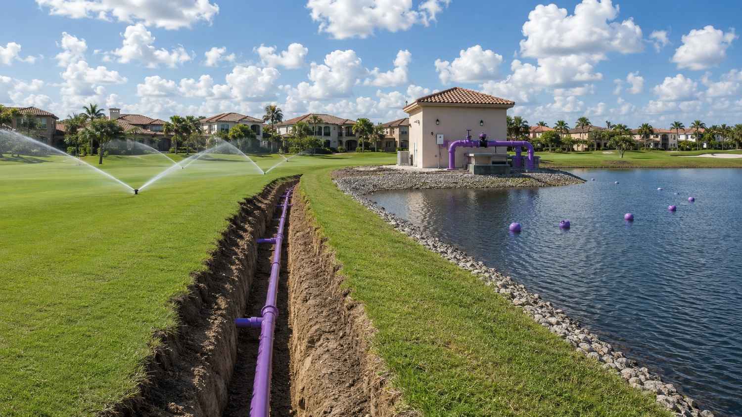 Florida master-planned community with purple pipe reclaimed water irrigation system serving golf course and common area landscaping designed by Modern Engineering Solutions.