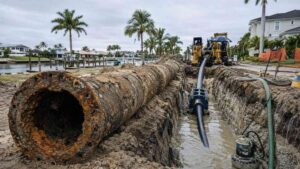 Florida coastal force main replacement project showing corroded ductile iron pipe removed beside new HDPE pipe installation evaluated by Modern Engineering Solutions.