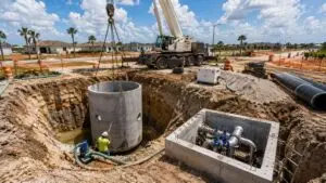Florida residential development lift station wet well and force main installation in high groundwater conditions designed by Modern Engineering Solutions.