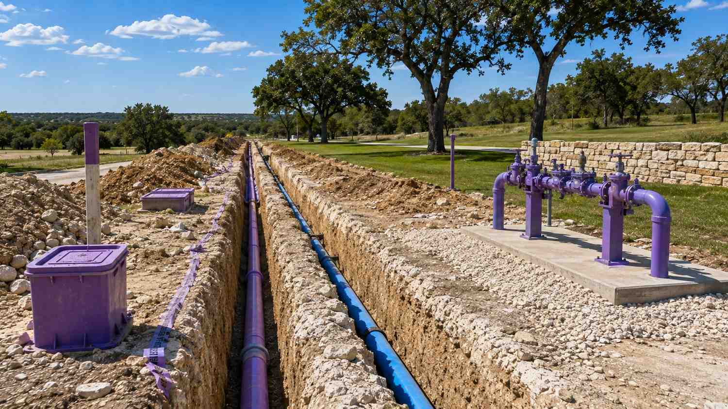 Purple reclaimed water distribution piping at Austin area HOA common area, representing MES cross-connection control design.