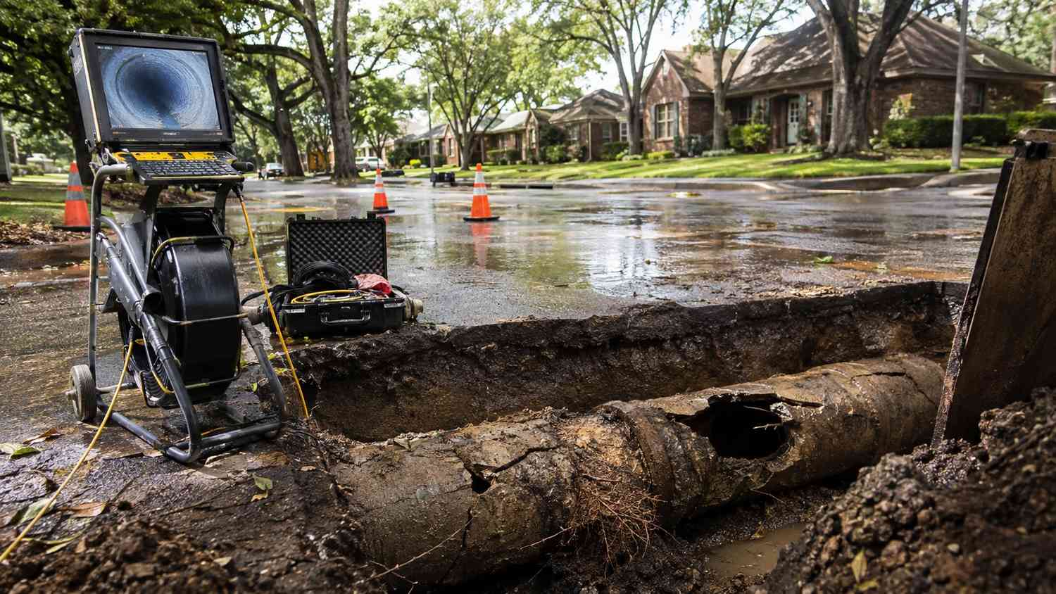 CCTV inspection revealing deteriorated pipe joint in Dallas aging sewer main, representing MES I&I evaluation services.