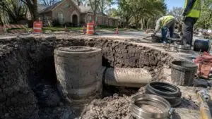 Manhole settlement and sewer slope disruption on Dallas reactive clay formation, representing MES gravity sewer design services.
