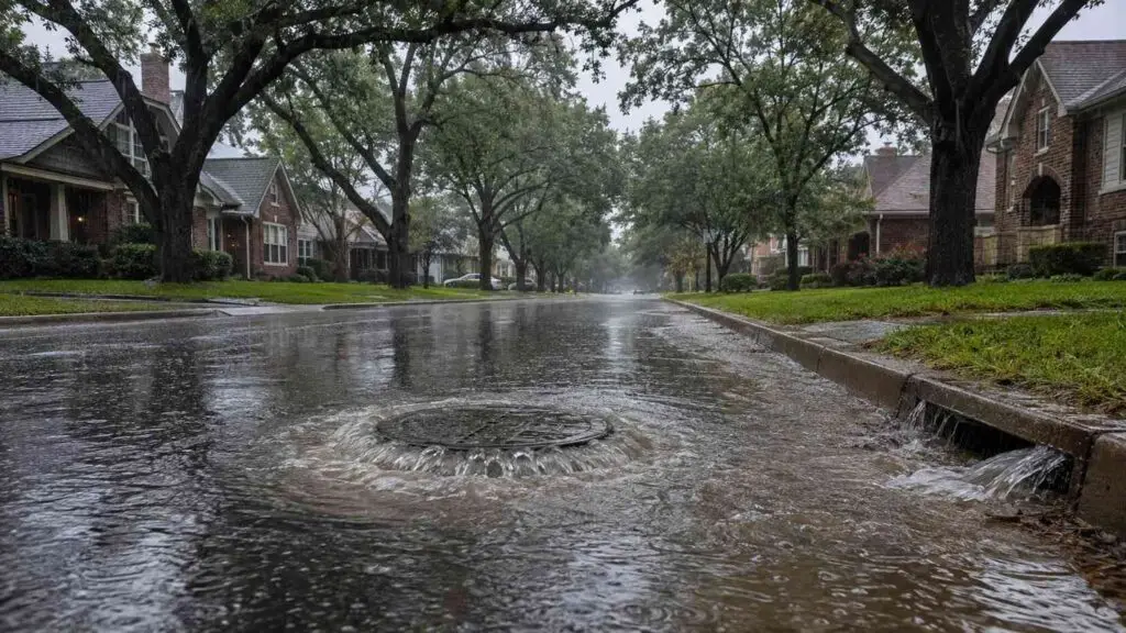 Aging sewer manhole surcharging during wet weather in Dallas older watershed, representing MES I&I risk evaluation services.