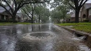 Aging sewer manhole surcharging during wet weather in Dallas older watershed, representing MES I&I risk evaluation services.