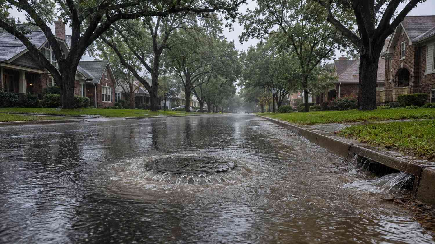 Aging sewer manhole surcharging during wet weather in Dallas older watershed, representing MES I&I risk evaluation services.