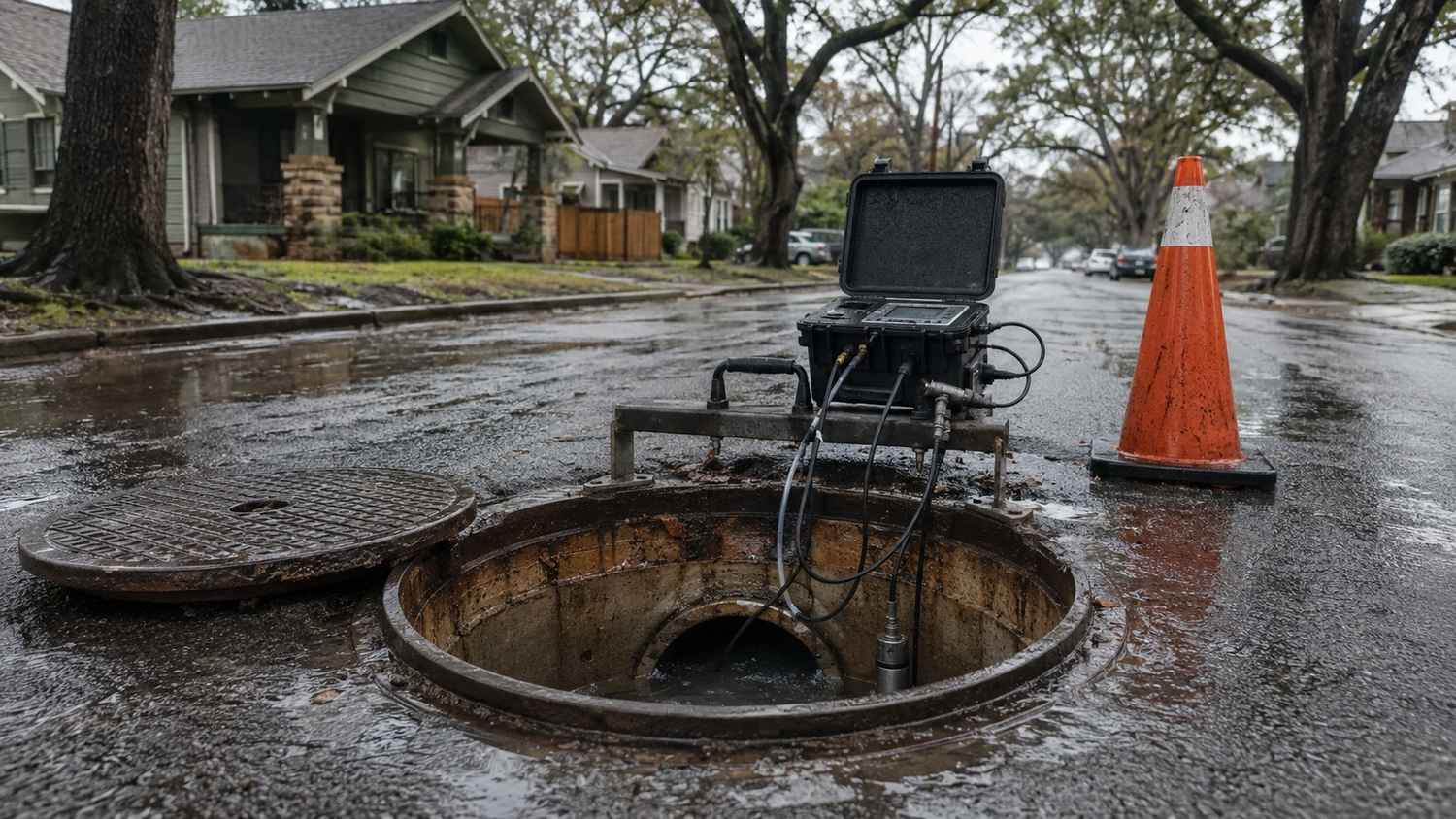 Sewer system flow monitoring equipment in Dallas older watershed during storm event, representing MES wet weather capacity evaluation.