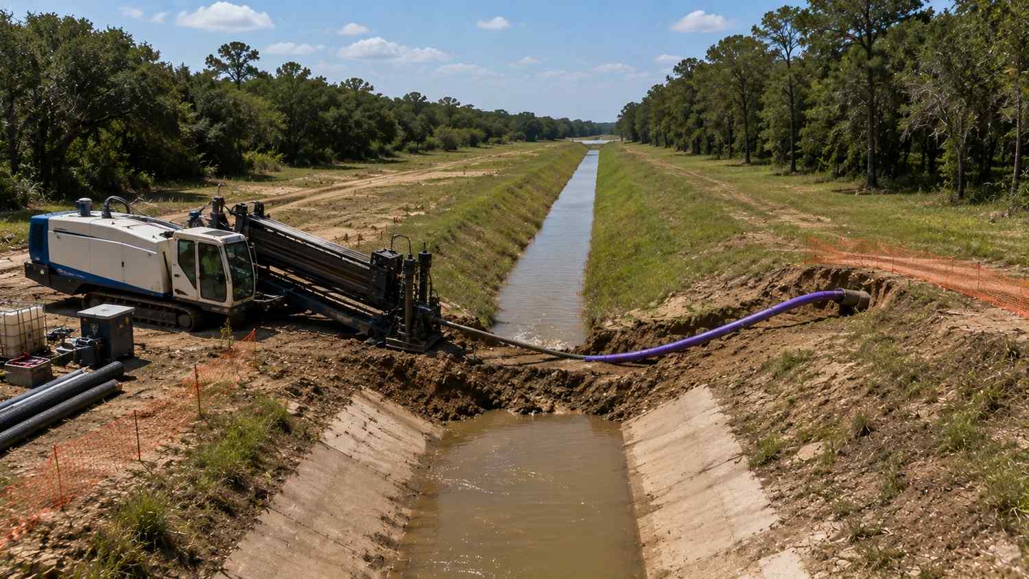 Force main crossing Harris County drainage easement corridor, representing MES utility corridor flood control coordination.