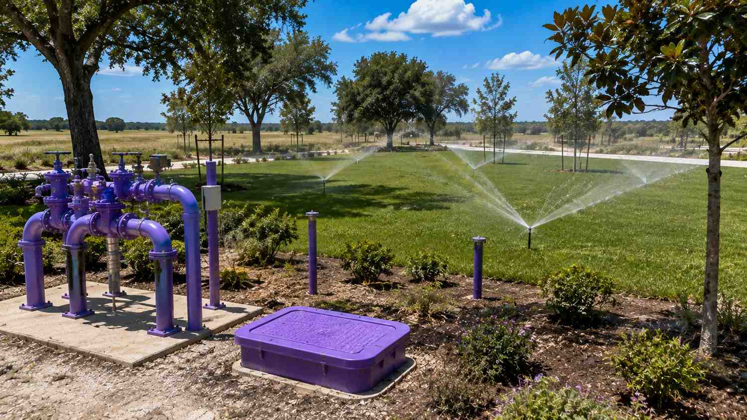 Reclaimed water reuse system serving Houston area master planned community amenity area, representing MES Chapter 210 integration services.