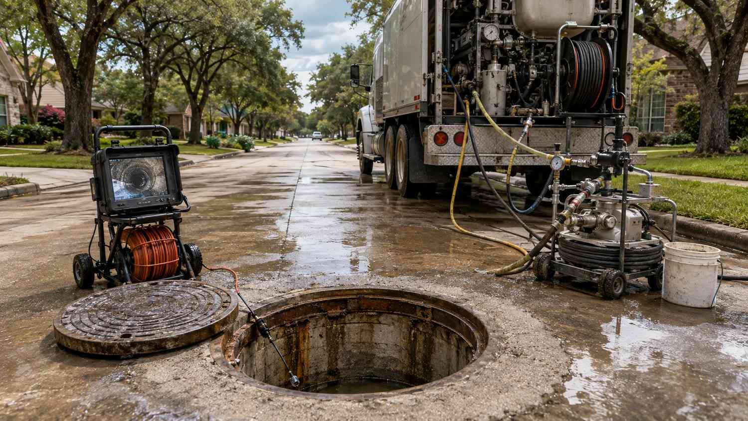 Manhole sealing and inflow infiltration inspection on Houston area sewer collection system, representing MES storm resilience services.