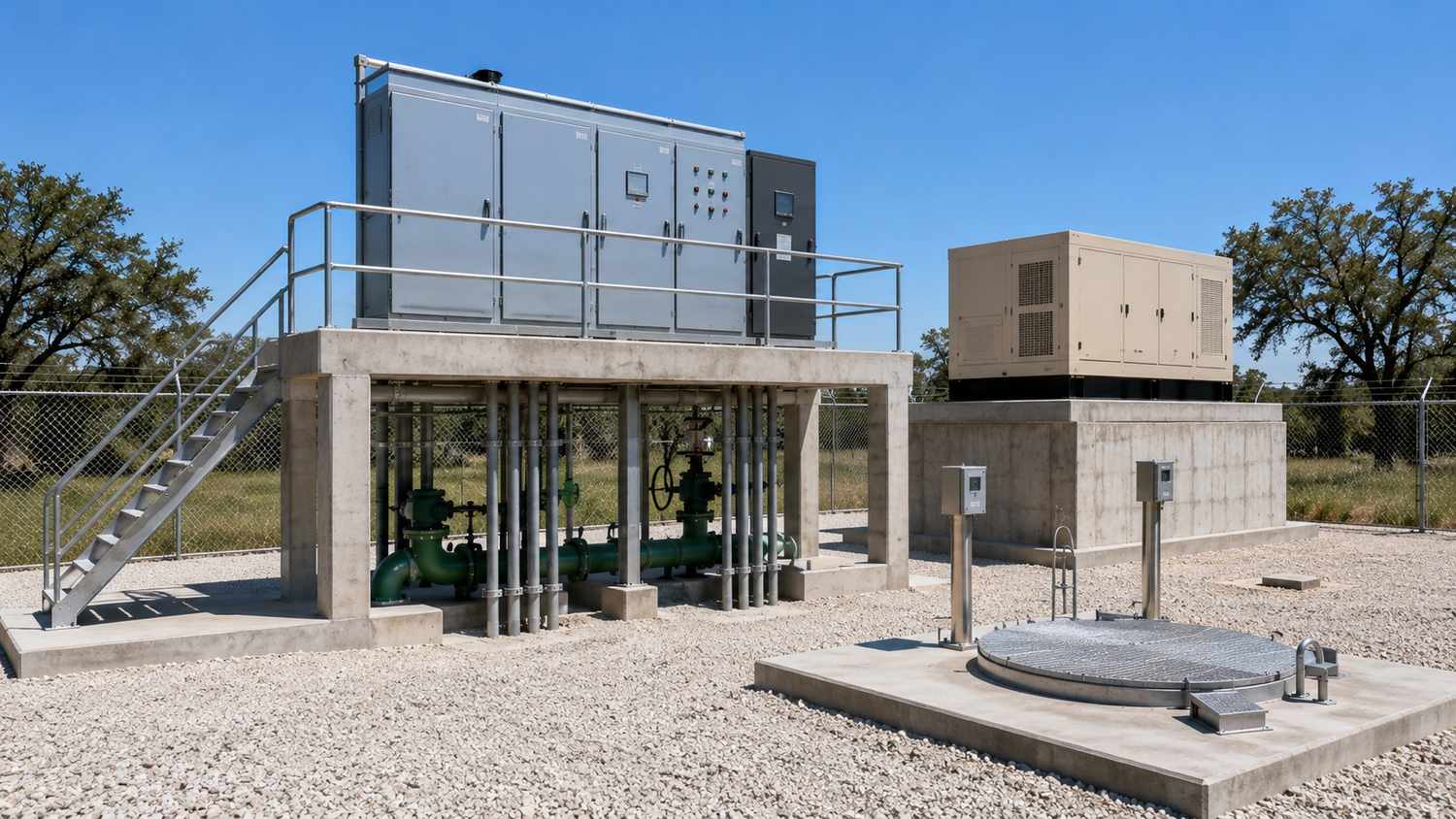 Elevated motor control center and electrical panel at Houston area lift station, representing MES flood resilience design.