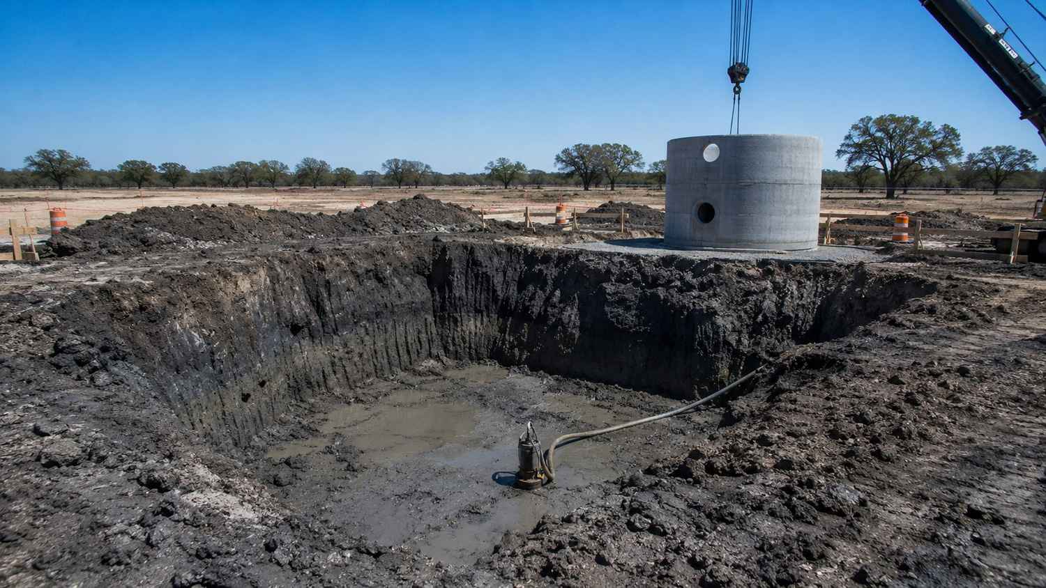 Lift station wet well excavation in Houston area high groundwater clay soil, representing MES buoyancy design services.
