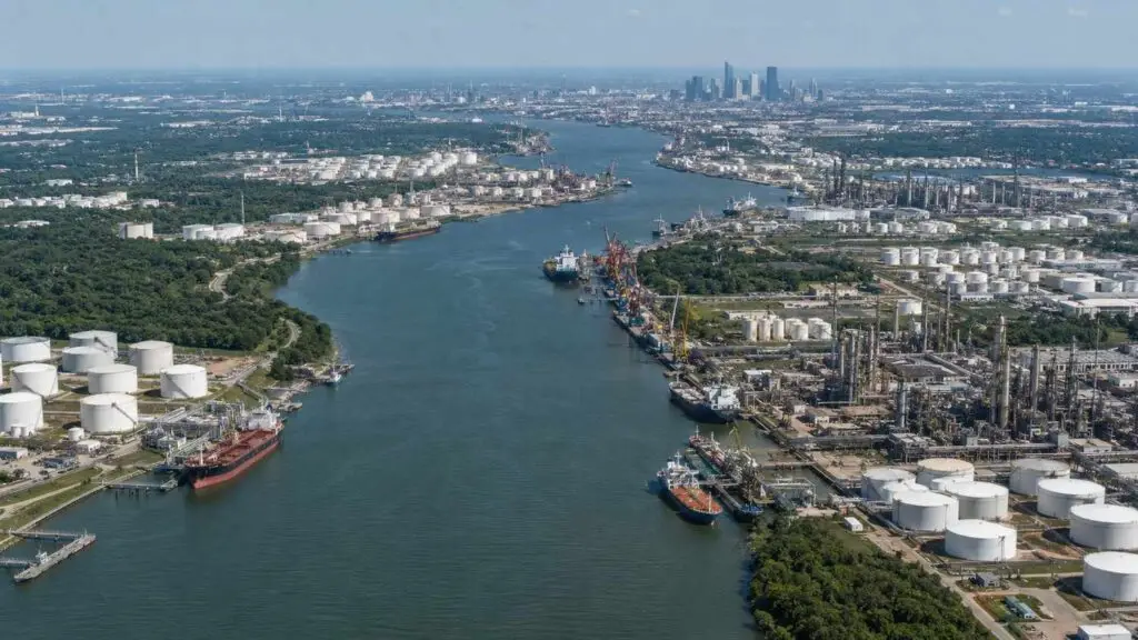 Houston Ship Channel petrochemical corridor, representing MES industrial wastewater disposal strategy evaluation.